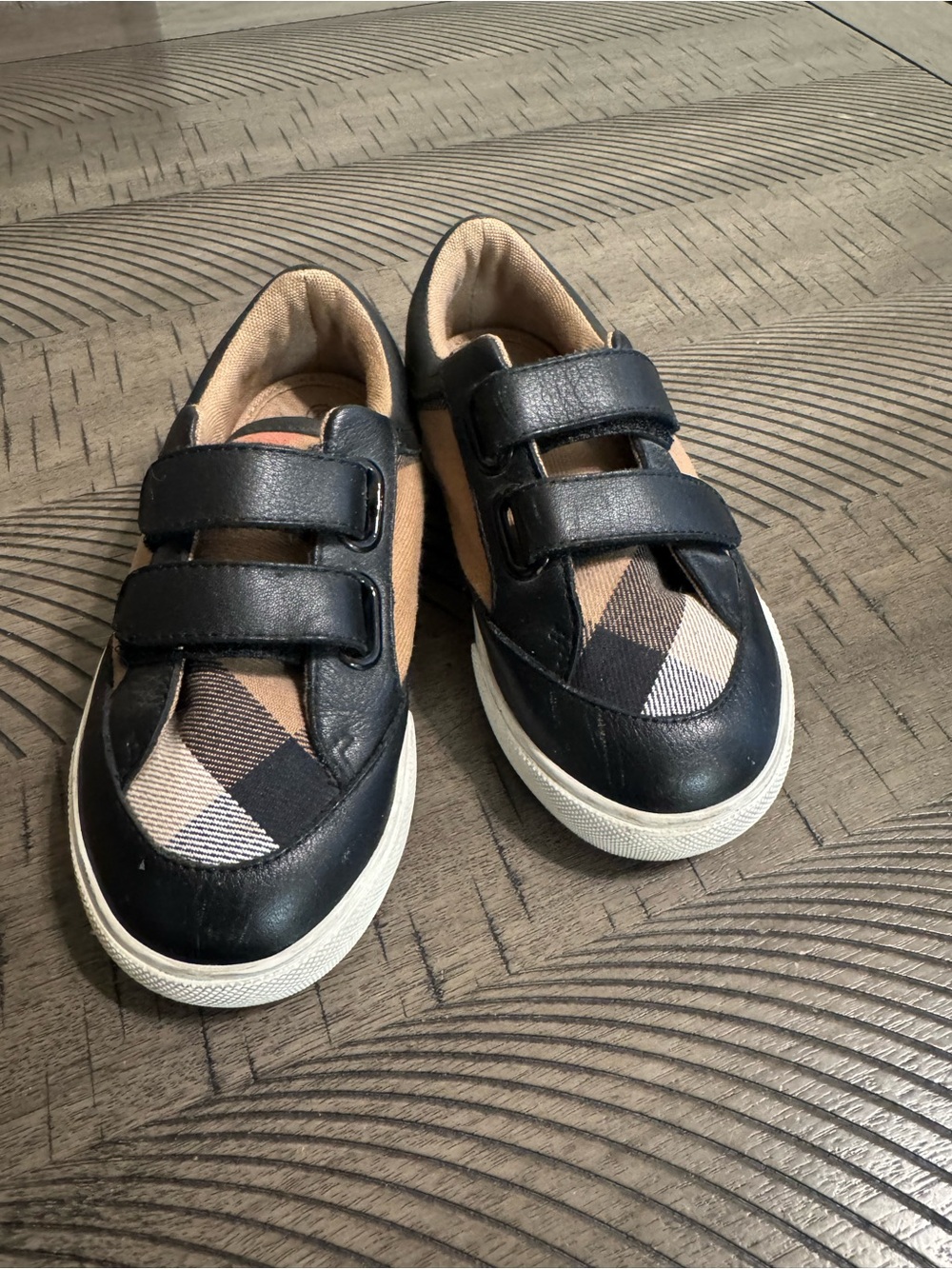 Kids Black and Tan Plaid Velcro Sneakers